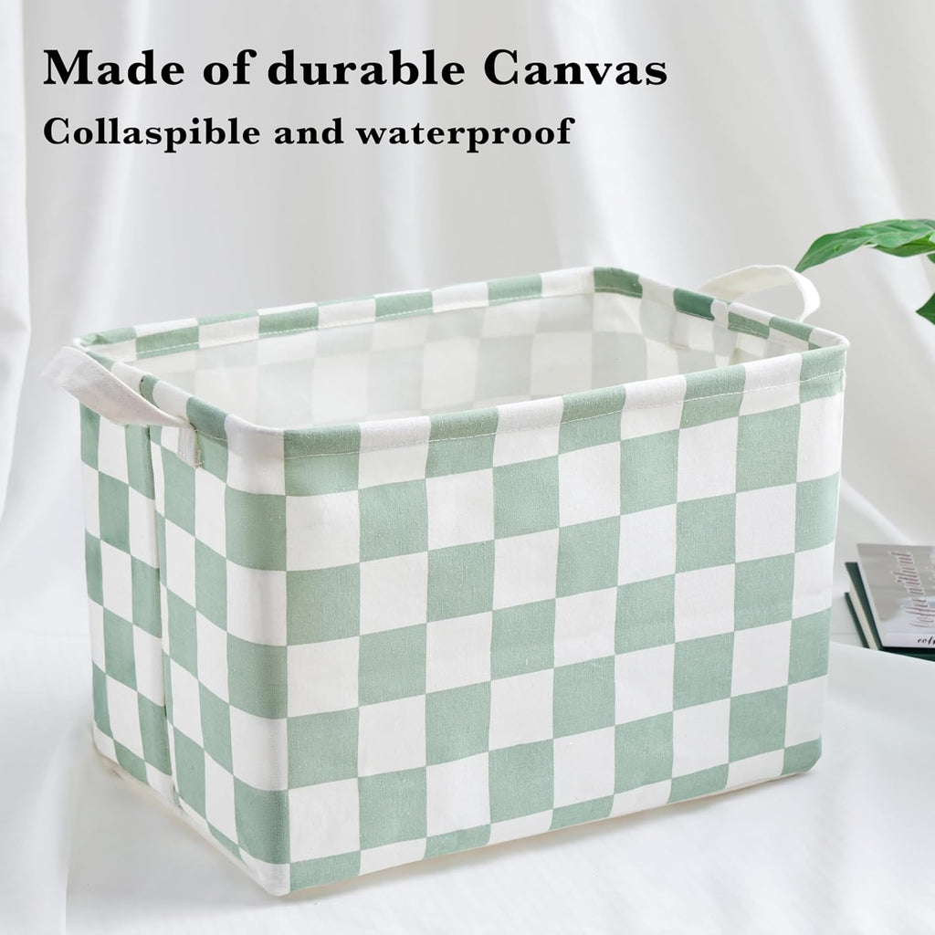 Ohocut Canvas Storage Basket - Sage Green Checkered Design for Kids & Dog Toys | Decorative Organizing Solution