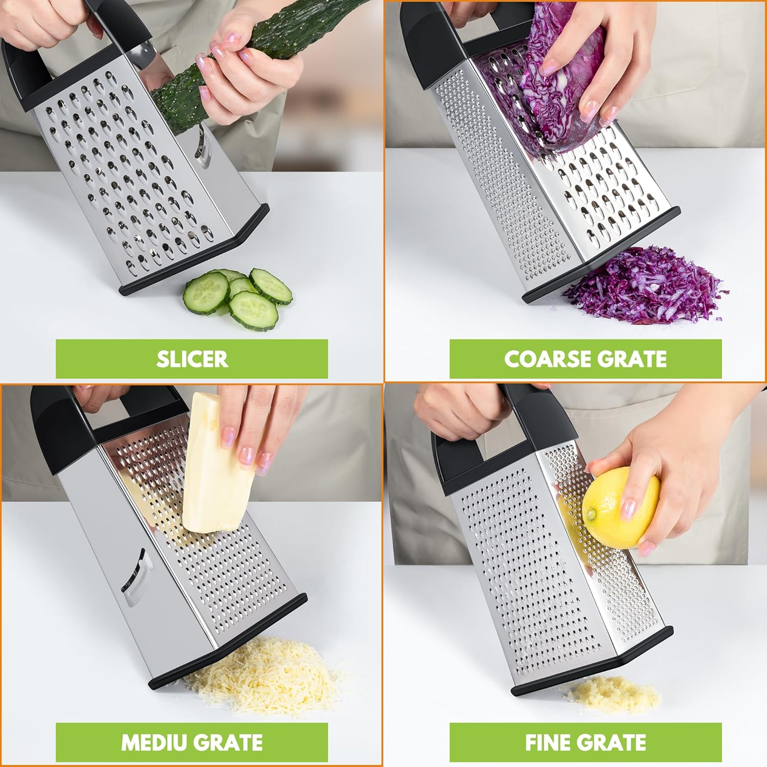 Urbanstrive Cheese Grater - Stainless Steel Box Grater with Container for Easy Shredding | Dishwasher Safe