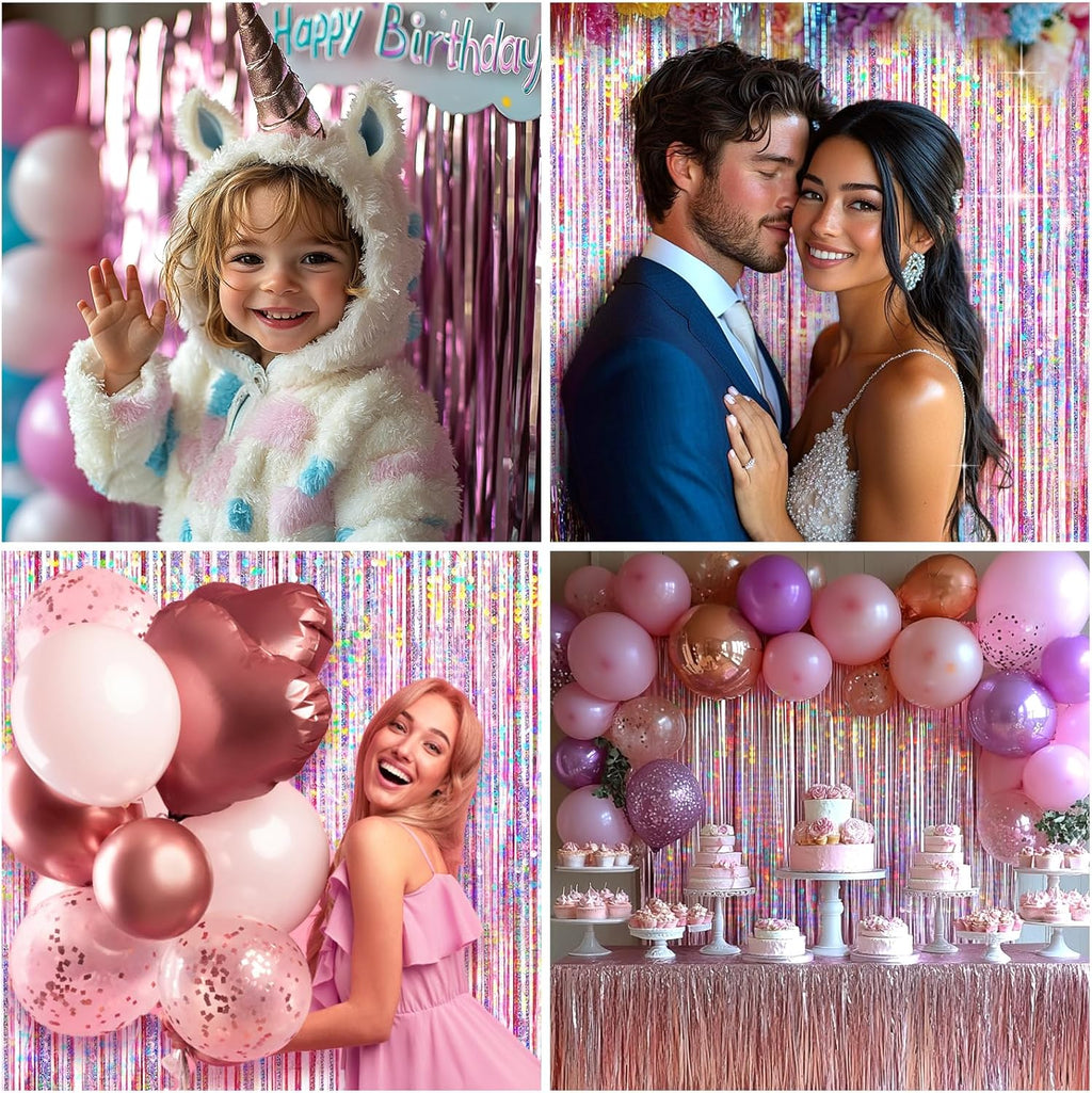 Pink Foil Fringe Curtain by [Brand Name] - 4 Pack Metallic Tinsel Backdrop for Birthday & Wedding Decor