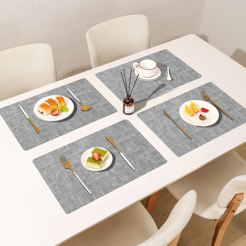 Boobezeen Faux Leather Placemats Set of 6, Heat Resistant Wipeable Washable Vinyl Place Mats, Waterproof Anti-Slip Dining Table Mats, Suitable for Indoor & Outdoor Use (Light Grey)
