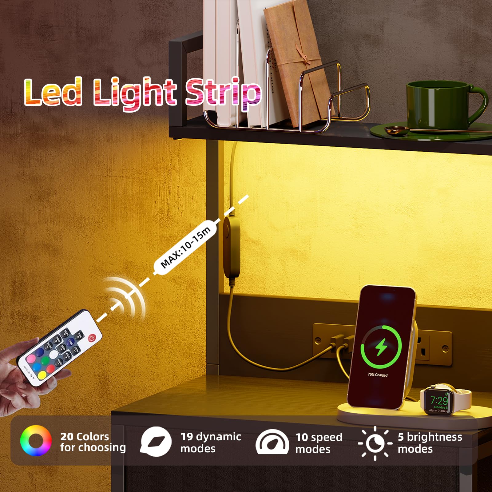 Somdot Black Nightstand with Charging Station and LED Lights, Bedside Table Tall Night Stand with 4 Fabric Drawers and Top Shelf for Bedroom Guest Room Dorm Hallway