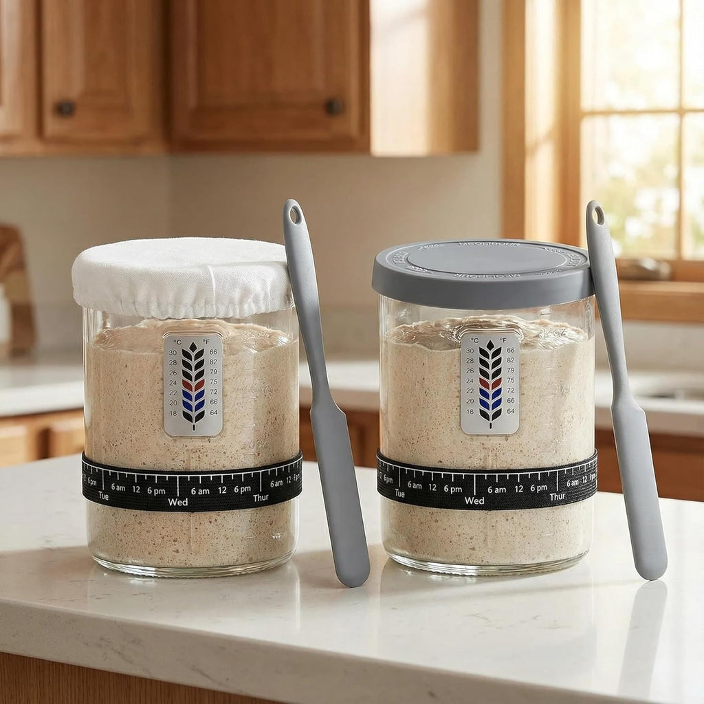 Premium Pro Sourdough Starter Jar Kit by [Brand Name] - 40oz Wide Mouth Glass Jar with Thermometer & Silicone Lid