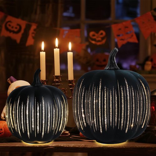 Halloween Glass Pumpkin Light up for Table Centerpiece Decorations Set of 2 Illuminated Starry Night Glass Pumpkins Twinkle LED Light up Fall Halloween Indoor Decoration for Home Black