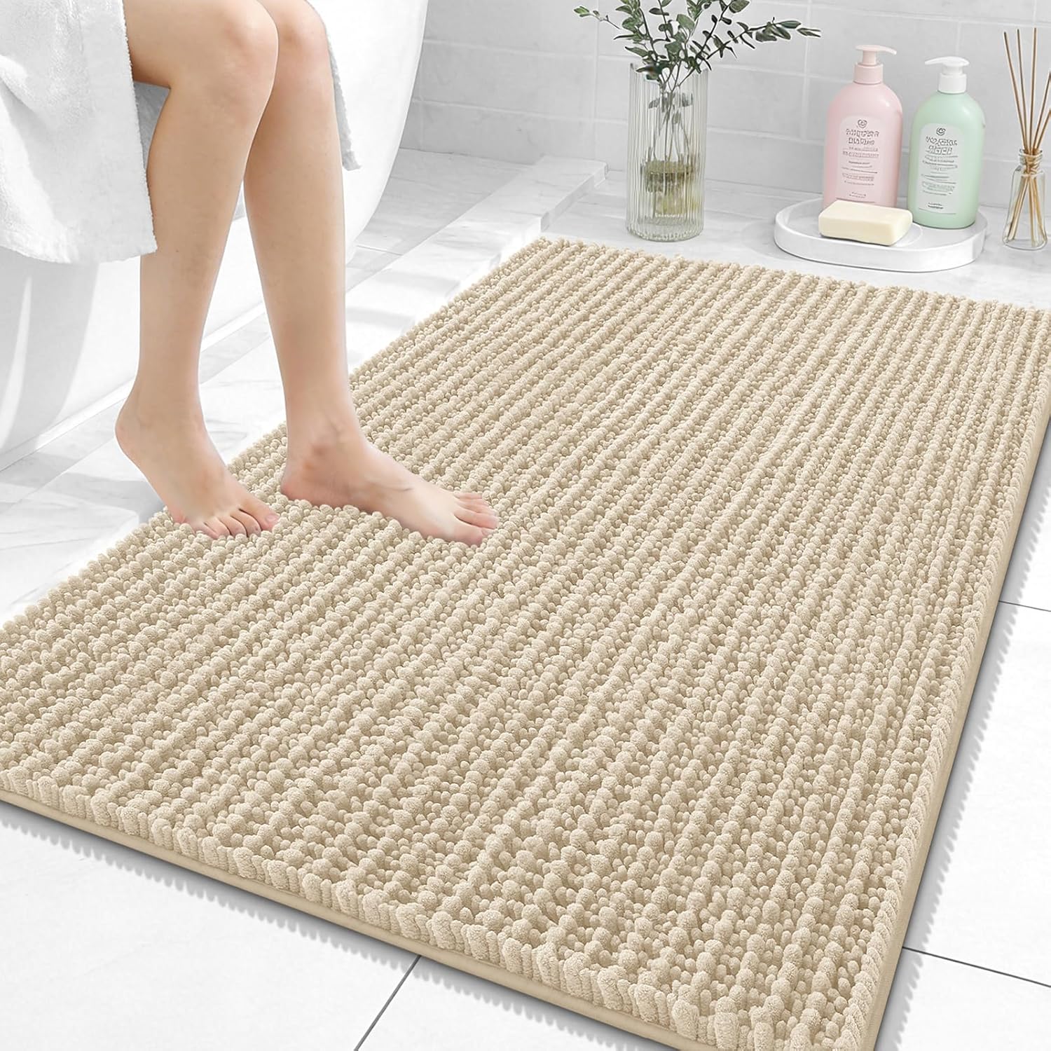 OLANLY Bathroom Rug Mat - Thick Soft Chenille | Non-Slip Rubber Backing, Machine Washable, 40x32, Beige