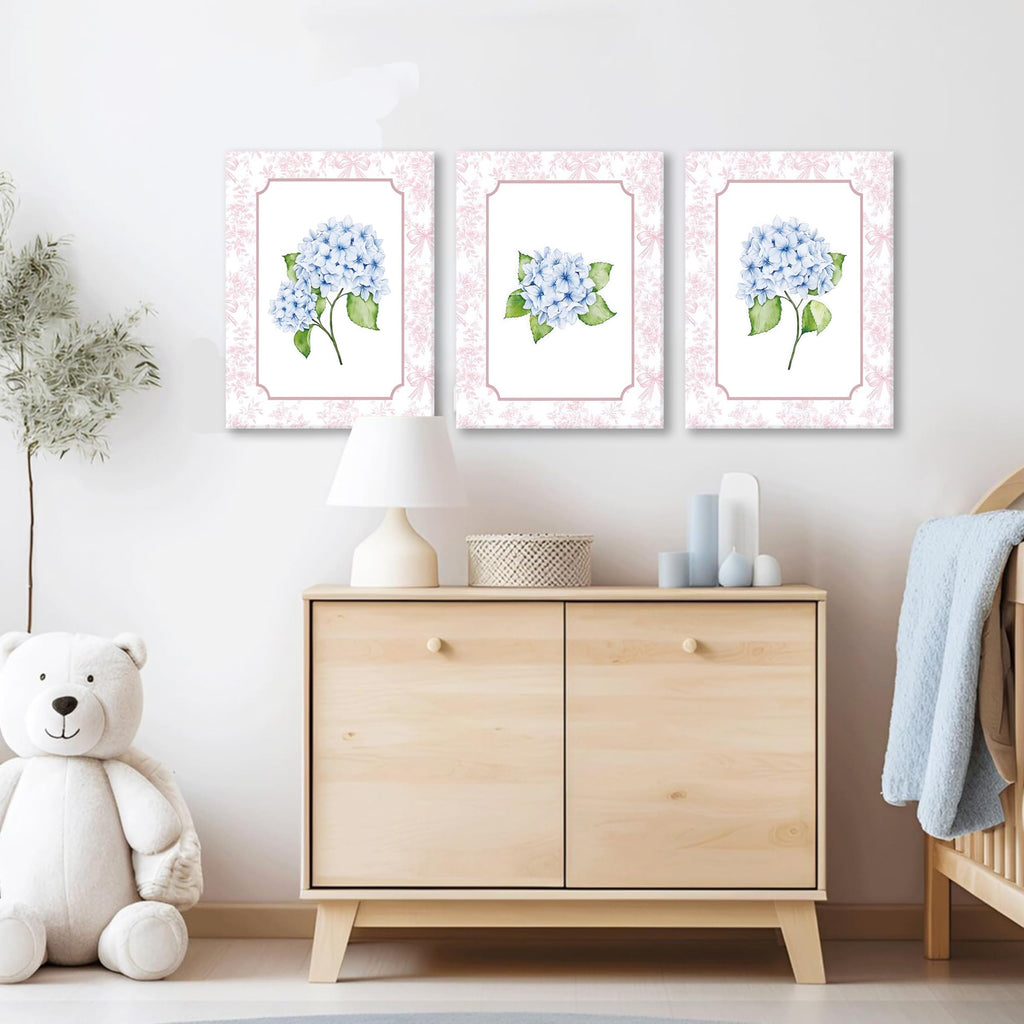 Blue Hydrangea Wall Art Set of 3, Preppy Blue Hydrangea Canvas Prints Poster Picture, Floral Aesthetic Wall Decor for Teen Girls Bedroom Dorm Apartment 16x24 Inch Framed