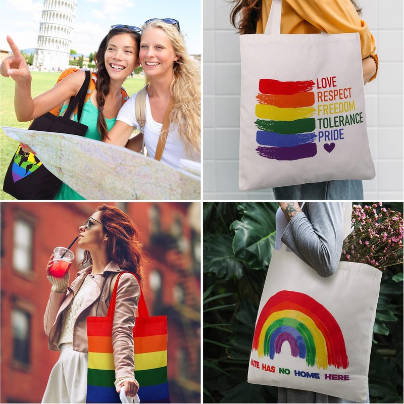 Wovnet 12 Pieces Rainbow Flag Canvas Tote Bags Pride Day Gift Bags Bulk Canvas Handbag for LGBTQ Pride Party Supplies (Pride Day)