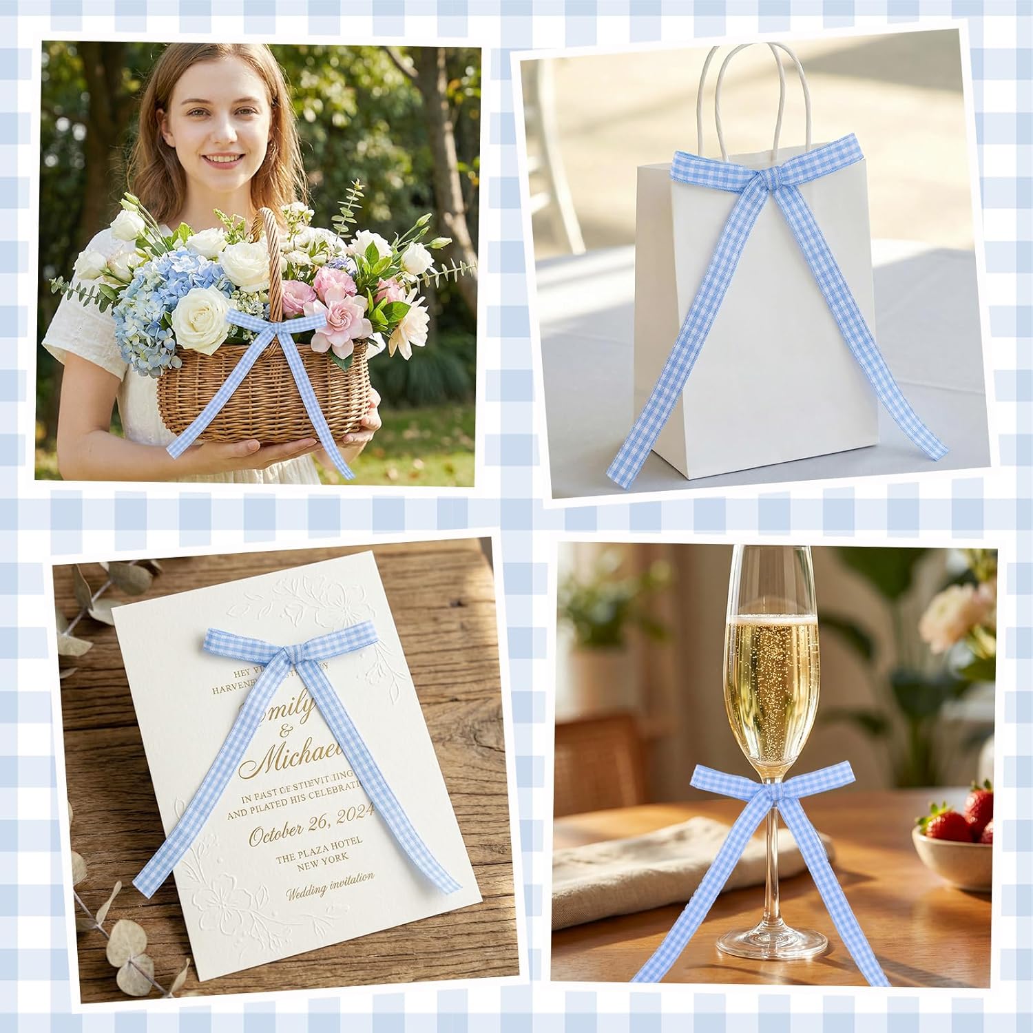 Skiennix 30 Pack Bow Cake Toppers - Blue Gingham Ribbons for Birthday & Baby Shower Celebrations