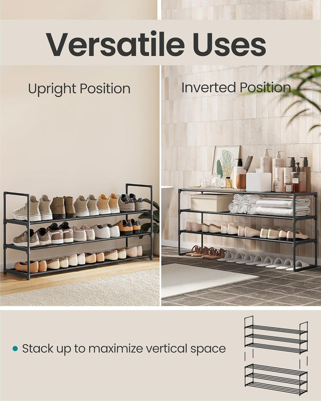 SONGMICS Shoe Rack - 3-Tier Metal Organizer for 20-24 Pairs | Stackable & Versatile Design, Black 11.8 x 46.1 x 21.7 Inches