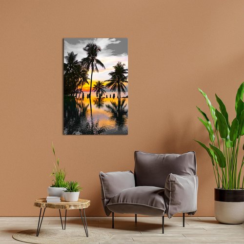 OuElegent Palm Tree Canvas Wall Art Infinity Pool Sunset Landscape Picture Print Seascape Artwork For Hotel Home Living Room Bathroom Decor