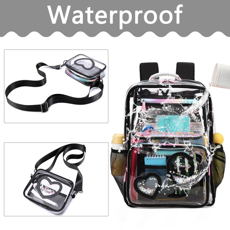 Clear Backpack for Girls,Transparent Backpacks Crossbody Bag for Kids Elementary School Student,Heavy Duty See Through Daypack 2PCS Bookbag Stadium Approved for Teen,College,Work,Travel,Concert Black