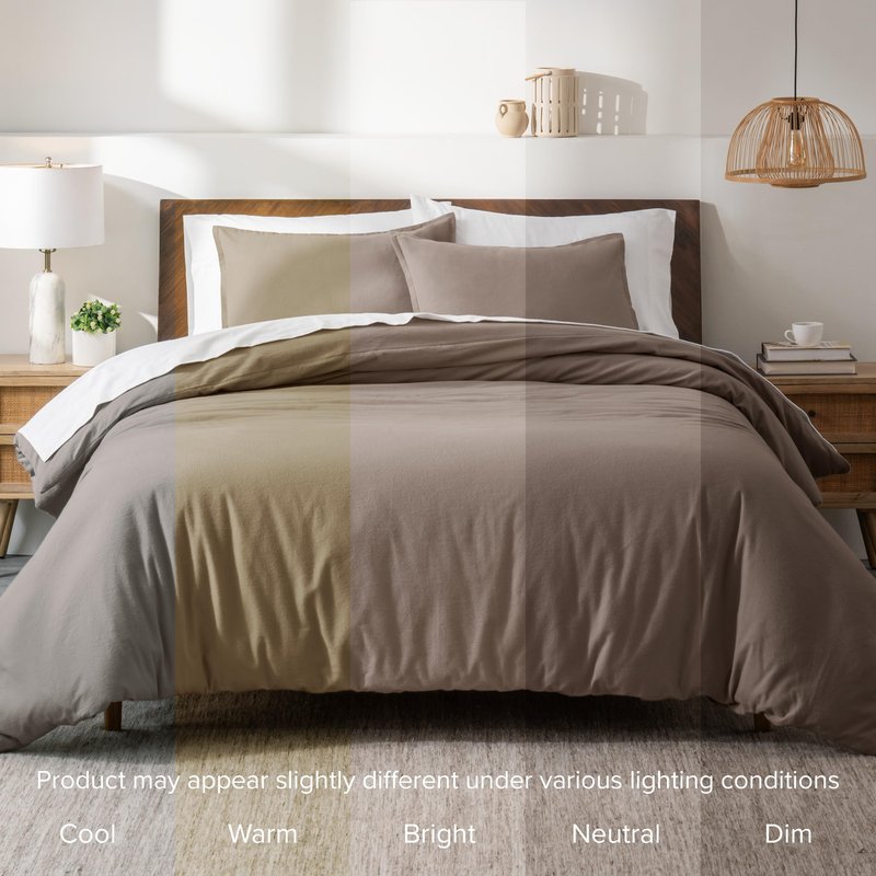 Bare Home Flannel Duvet Cover Set with Sham Pillow Covers (Queen, Taupe)