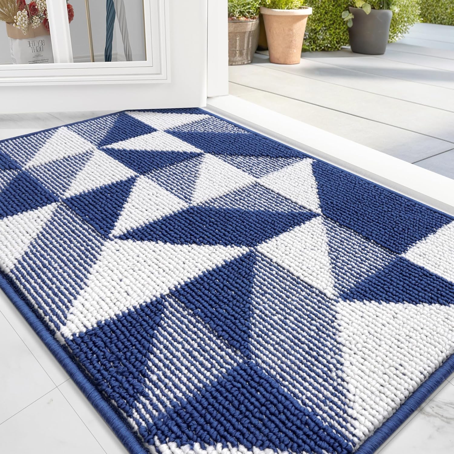 OLANLY Indoor Door Mat - Washable, Odor-Free Geometric Doormat | Absorbent 32x20 Entry Carpet in Navy