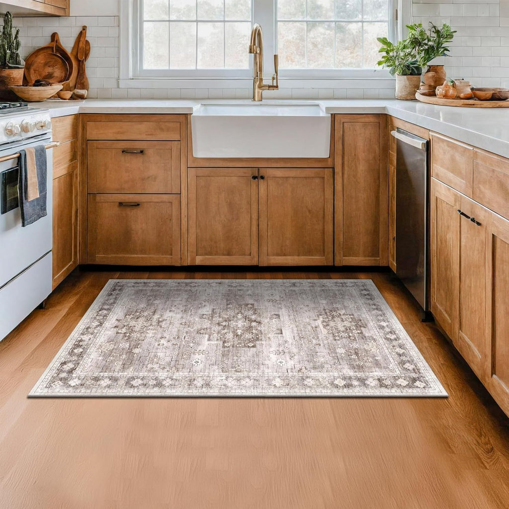 Regine Switzerland Washable Large Entryway Rug - Boho Vintage Floral Design | Non-Slip, Stain Resistant, 3x4 Beige/Latte