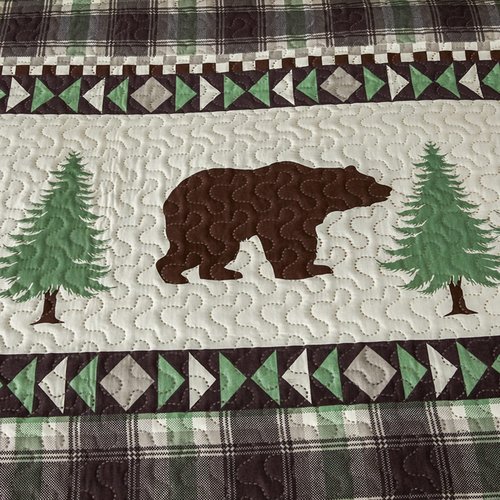 Lodge Quilts Set King Size, 3Pcs Rustic Cabin Brown Bear Bedding Green Pine Tree Bedspread Coverlet Lightweight Soft Reversible Plaid Stripe Bed Cover Set Country Decor for All Season(96"x 108")