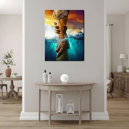 Framed Jesus Canvas Wall Art - The Hand of God Reaching Into Water | Blue Ocean Religious Decor 12x16 Inch
