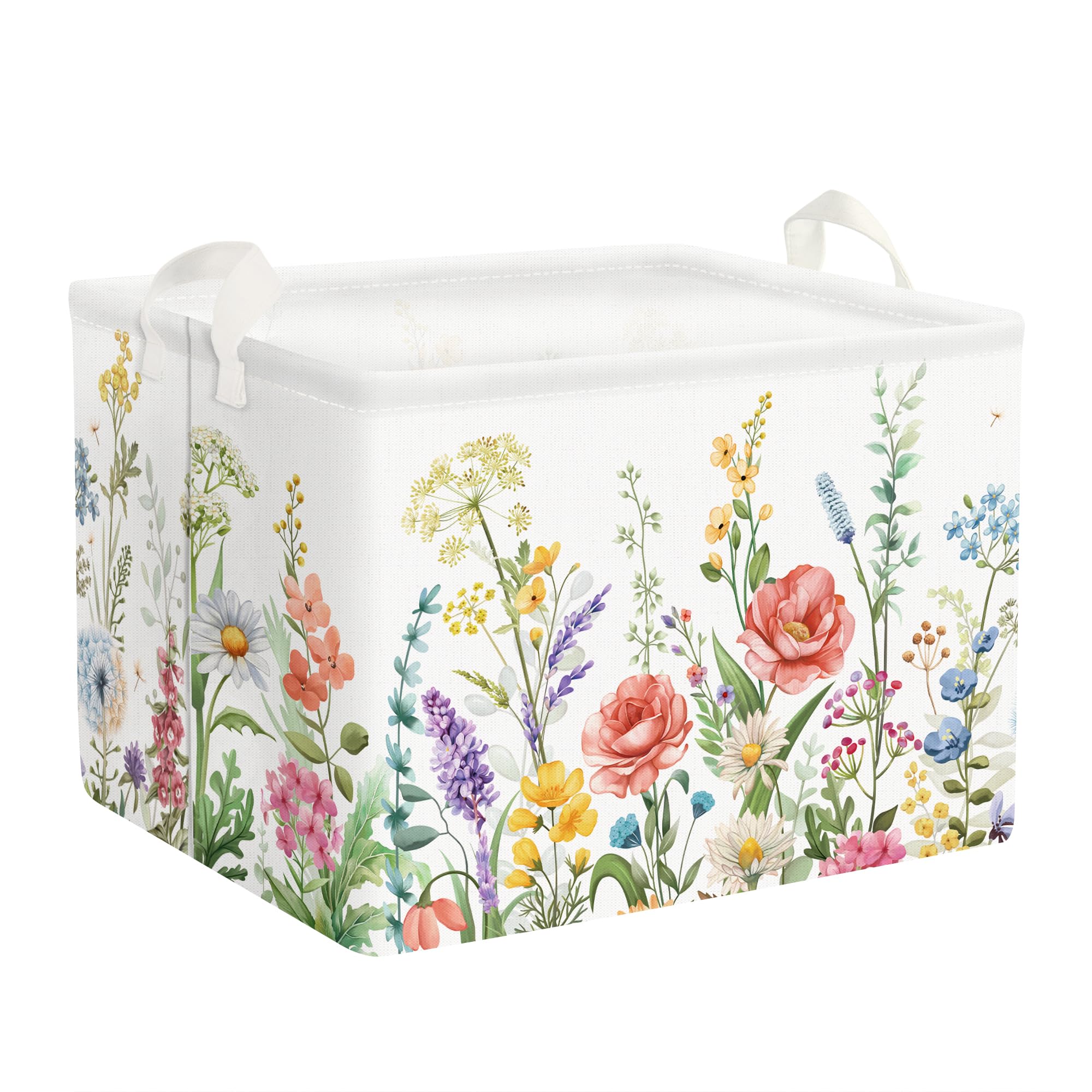 Clastyle 36L Wild Flower Plants Girls Storage Basket Spring Garden Daisy Rose Clothes Toy Nursery Bin Collapsible Rectangle Book Shelf Basket for Kids Room