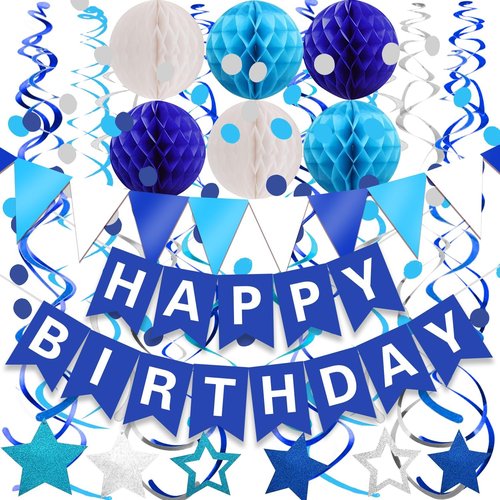 FECEDY Happy Birthday Banner - Navy Blue Paper Flag & Confetti Garland for Party Decor