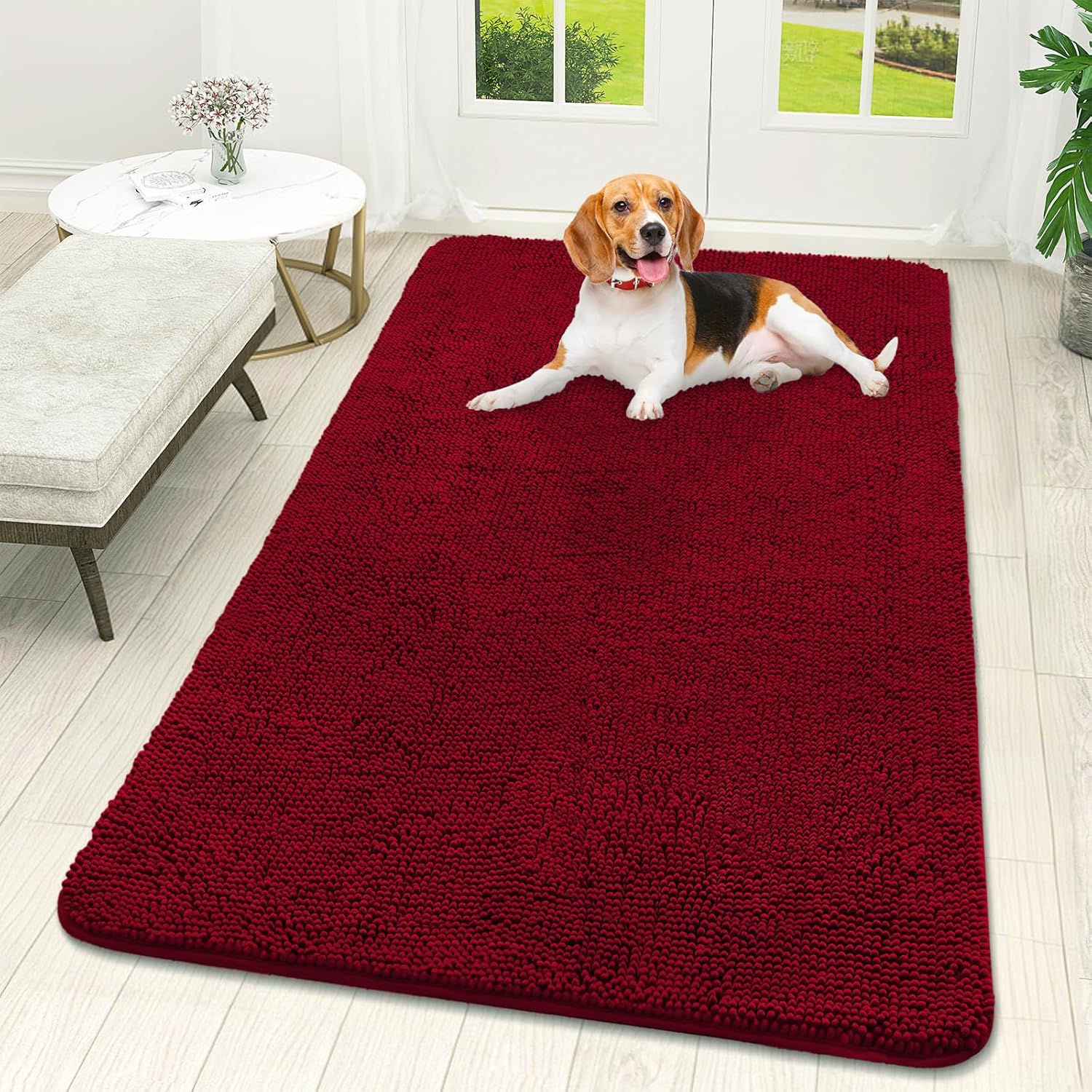 OLANLY Dog Door Mat - Absorbent Non-Slip Washable Doormat for Muddy Paws | 59x32 Red Chenille Carpet