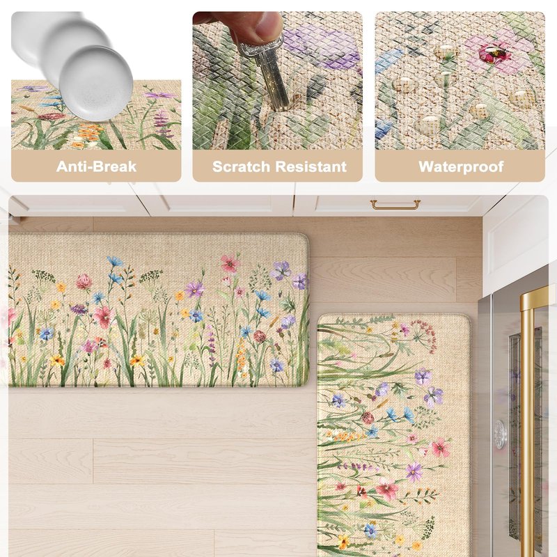 KIMODE Anti Fatigue Mats for Kitchen Floor 17.3"x29", Cushioned Kitchen Rugs, Non Slip Waterproof Kitchen Floor Mat, Floral Comfort Standing Mat for Laundry, Office, Sink, Desk Brown