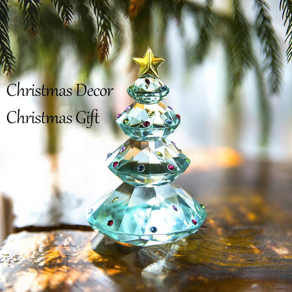 QFkris Crystal Christmas Tree Figurine - 3.5" Blue Glass Paperweight Table Ornament | Holiday Gift