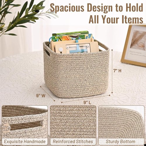 Jute 3 Pack Cube Storage Bins - 9”x9”x7” Cotton Rope Baskets for Organizing Toys, Clothes & More