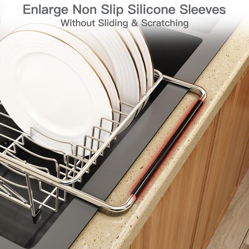 Over the Sink Expandable Dish Drainer Drying Rack In Stainless Steel for Small Kitchen, Counter Space Saving Modern Compact Metal Above Plate Dryer Strainer, Adjustable Hanging Inside Drain Holder