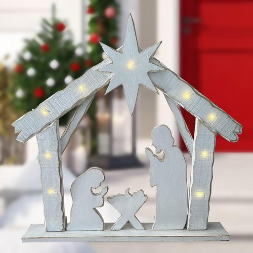 Hi-Line Gift Ltd 30-Inch Lighted Wooden Nativity Family | Battery Operated Christmas Decor with Timer