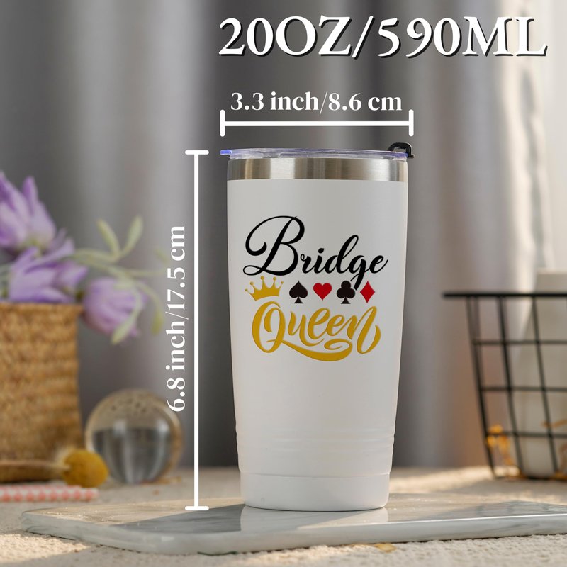 Onebttl Bridge Players Gifts for Women, 20oz/590ml Double Wall Vacuum Insulated Stainless Steel Tumblers Cups - Bridge Queen, White