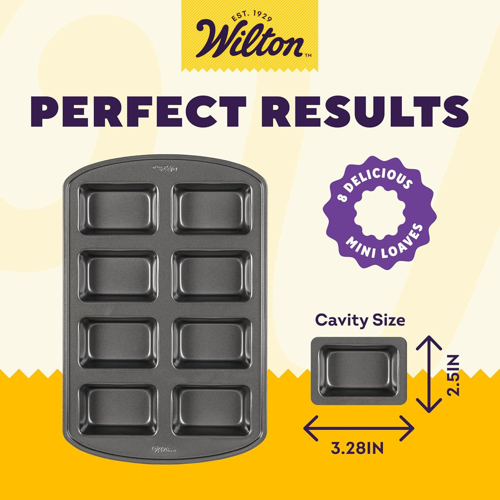 Wilton Gold Non-Stick Mini Loaf Bakeware Pan - Perfect for Banana Breads & Cakes - 15 x 10 x 1.6 Inch, 8 Cavity - PFAS-Free