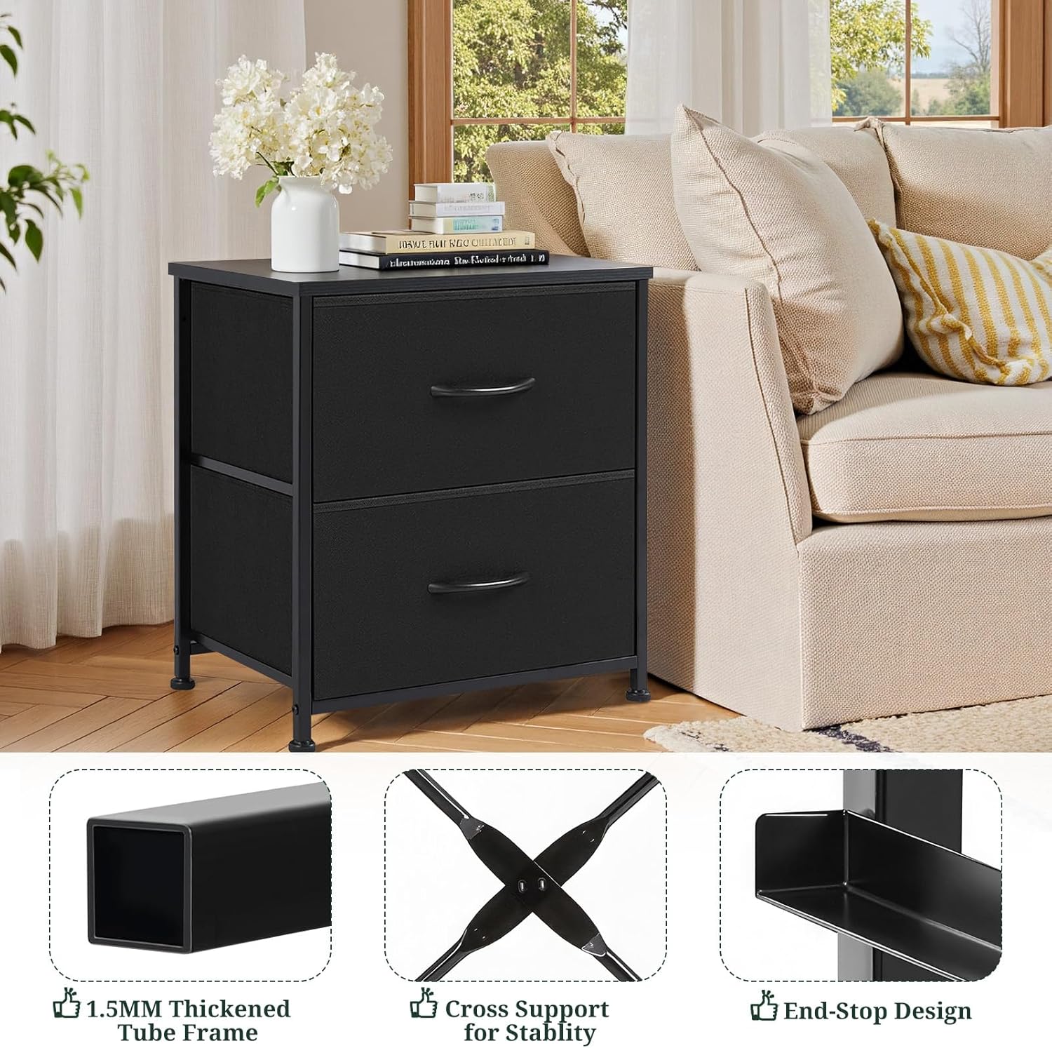 Nightstand | Small 2-Drawer Dresser by [Brand Name] - Stylish Wooden Top & Fabric Bins, Black, 11.8" D x 18" W x 20" H