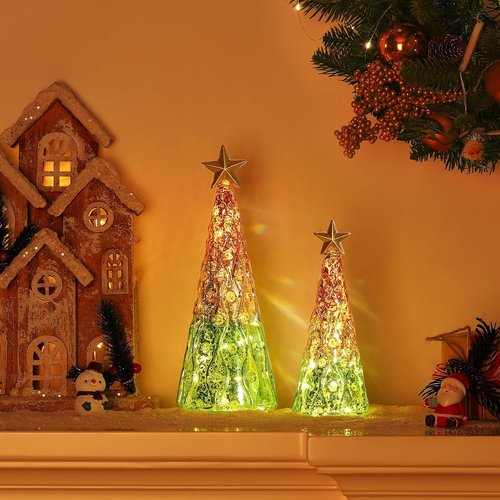Lewondr Glass Christmas Trees - 2 PCS Mercury Tabletop Lamps with Built-in Lights | Green & Gold Decor