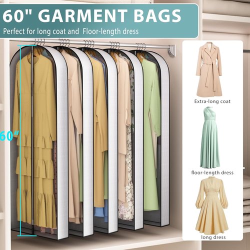 Liuoud 60” Garment Bags - Breathable Fabric with Clear Window & Metal Zipper | 5 Pack for Long Dresses & Suits