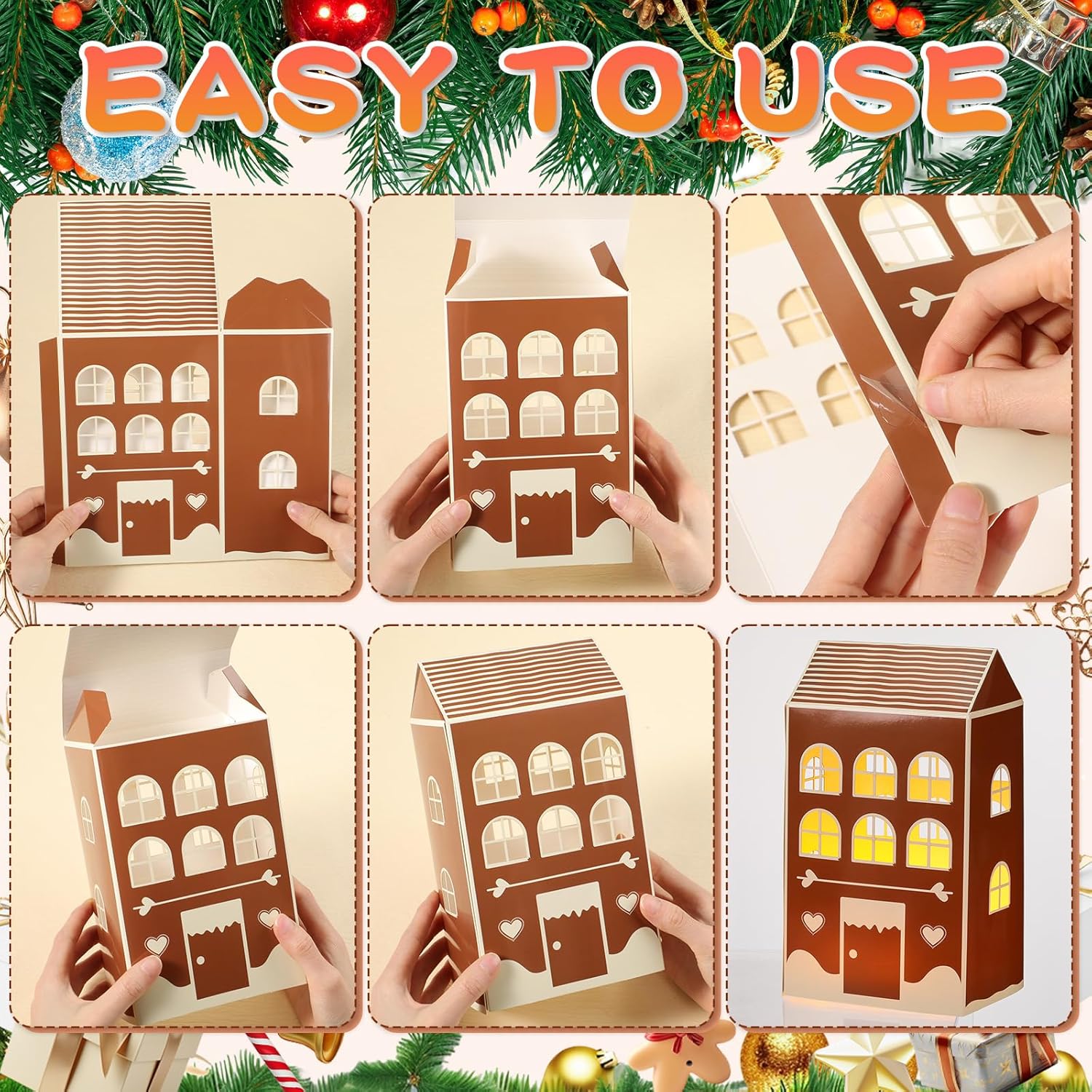 Reallnaive 20 Pcs Large 8" Christmas Cardboard Village Houses Set - DIY LED Candle Decor | Gingerbread Brown