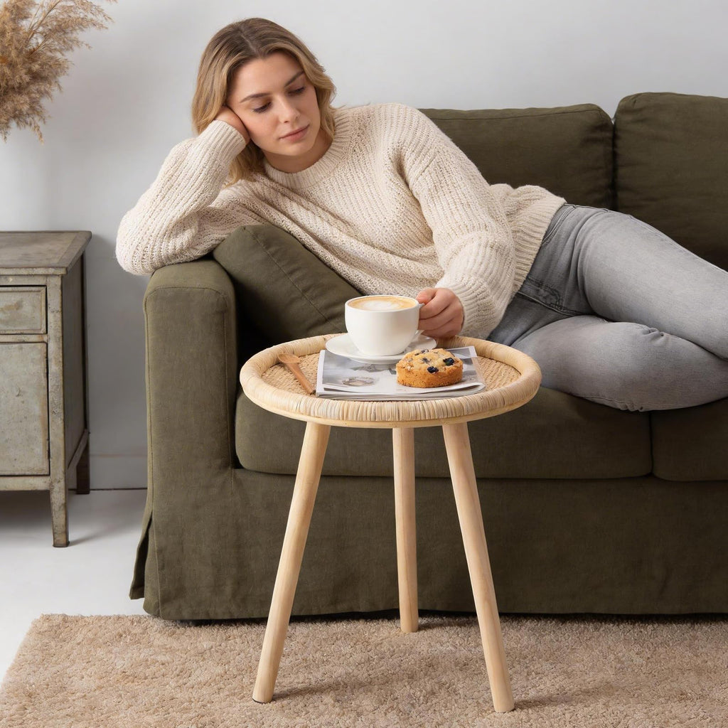 HuiDao Small Side Table, Rattan Round Coffee Table, Boho Circle Side Tables End Table for Living Room, Mid Century Accent Table for Bedroom Balcony