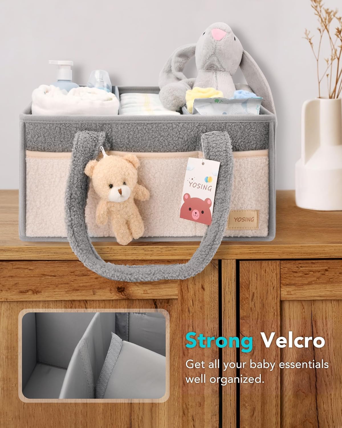 YOSING Diaper Caddy Organizer - Stylish Gray & White Nursery Storage for Baby Wipes & Diapers