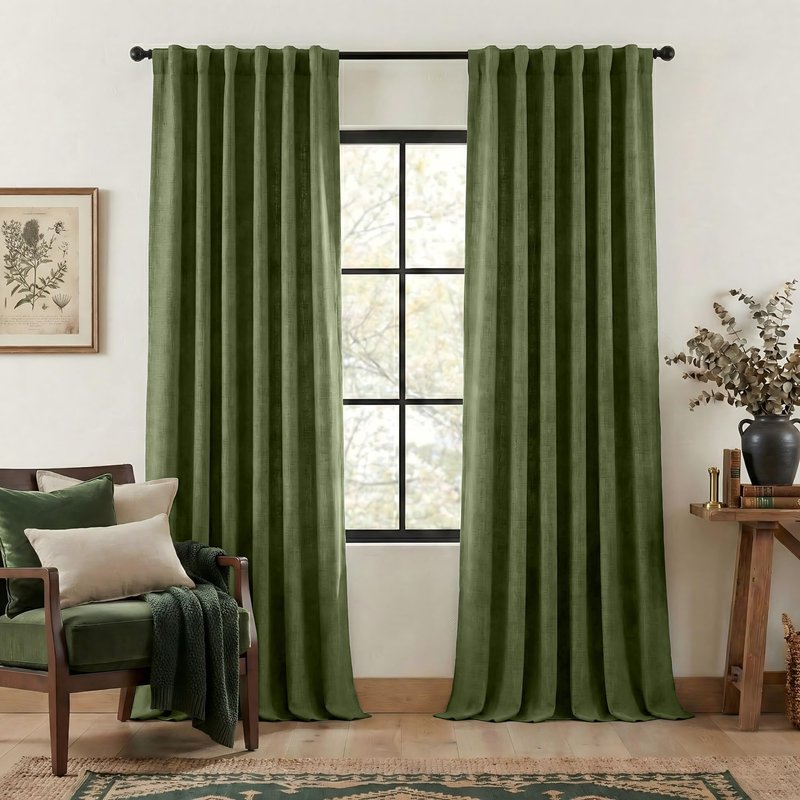 NICETOWN Room Darkening Froest Green Curtains 96 inches Long 2 Panels, Rod Pocket/Back Tab/Hook Belt Faux Linen Light Blocking Noise Canceling Window Drapes for Living Room/Bedroom, W50 x L96