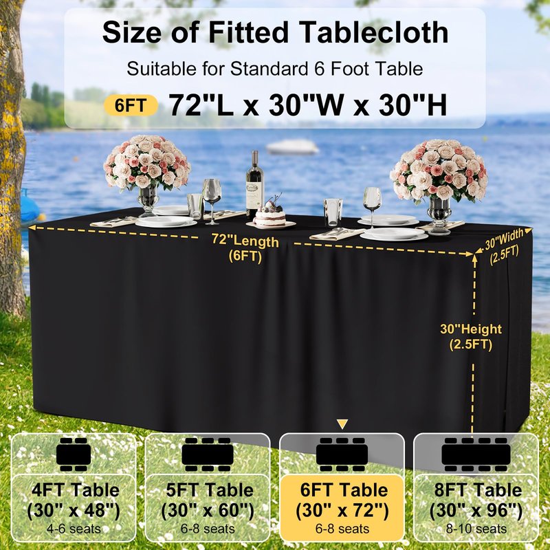 Smiry 2 Packs Fitted Black Tablecloths, 6 Foot Rectangle Polyester Fabric Table Cloths, Washable Table Cover for Trade Show, Craft Show, Parties, Birthday, Wedding, 72 x 30 Inch