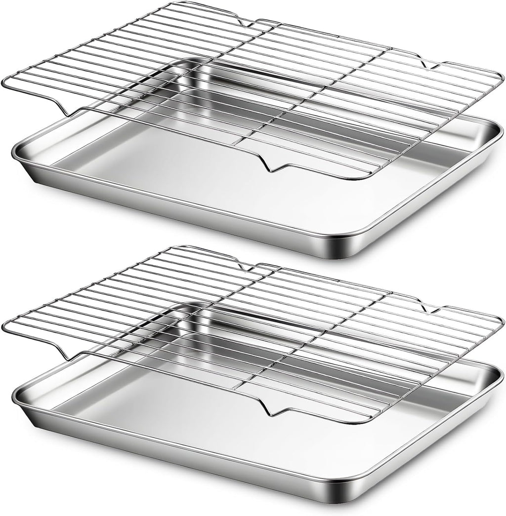 Stainless Steel Baking Sheet Set by [Brand Name] - 2 Pans & Racks, Rust-Free, Nonstick | 12.4 x 9.6 x 1.2 Inch