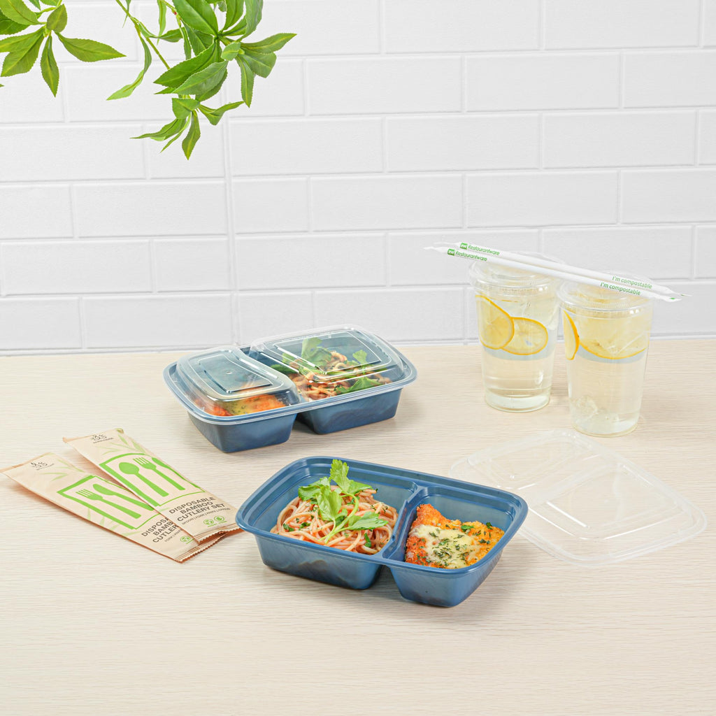 Restaurantware-Asporto 26 Ounce Compartment Take Out Boxes, 100 Microwavable Meal Prep Containers - 2 Compartments, With Clear Plastic Lids, Midnight Blue Plastic Food Containers, Do Not Contain BPA