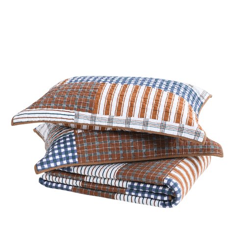 BCOTTOND Quilt, 100% Cotton Queen Quilt Set Patchwork Plaid Quilt Bedding Set Brown Blue Reversible Lightweight King Bedspread for All Season 3-Piece
