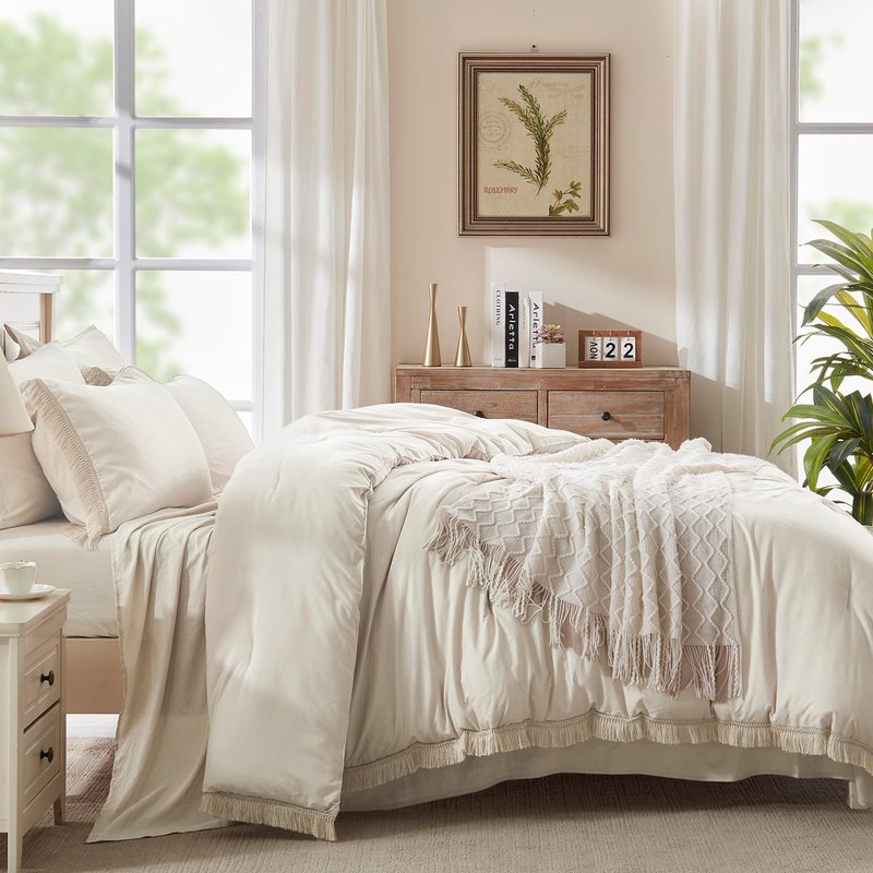 Andency King Size Comforter Set 7 Pieces, Beige Bed in a Bag King Fluffy Boho Tassel Bed Set, Cream Fringe Bedding Set with Quilt Comforter, Sheets, Pillowcases & Shams