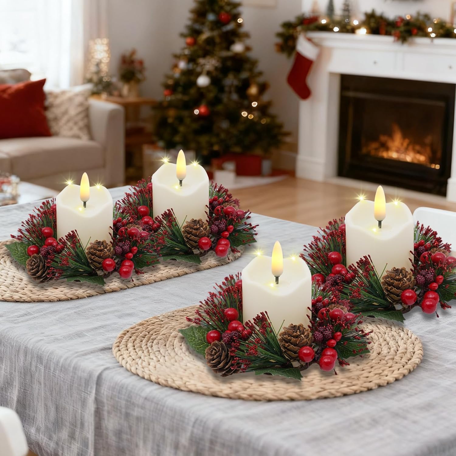 Regine Switzerland Candle Rings Set of 6 - Festive Wreaths with Red Berries & Pinecones for Christmas Decor