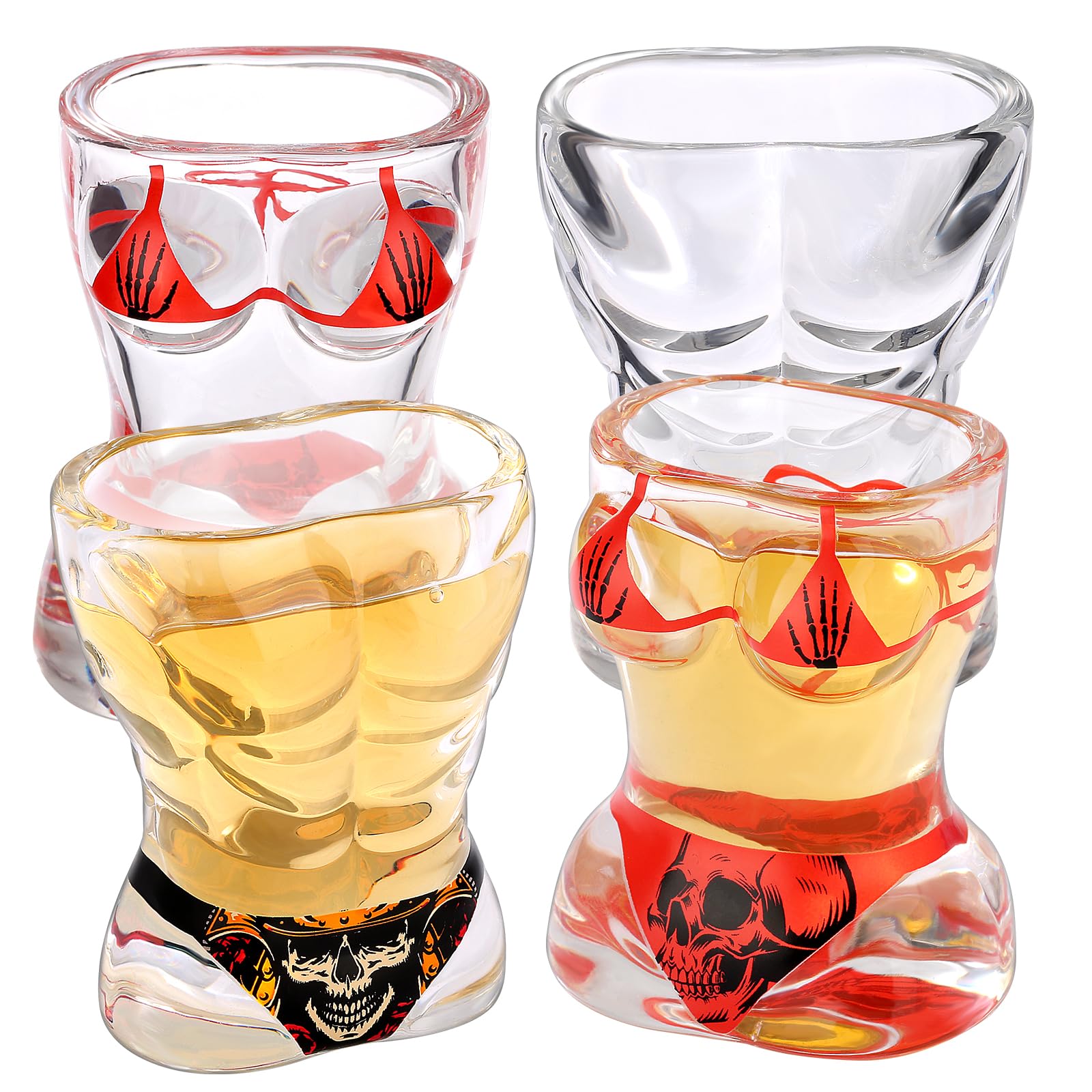 Muscle Man & Bikini Glass Shot Glasses, Personality Skull Design, 30ml Heavy Base Shot Cups Set of 4 with Gift Box for Alcohol Shots, Vodka, Expresso, Tequila & Dessertsor Birthday Christmas Gift