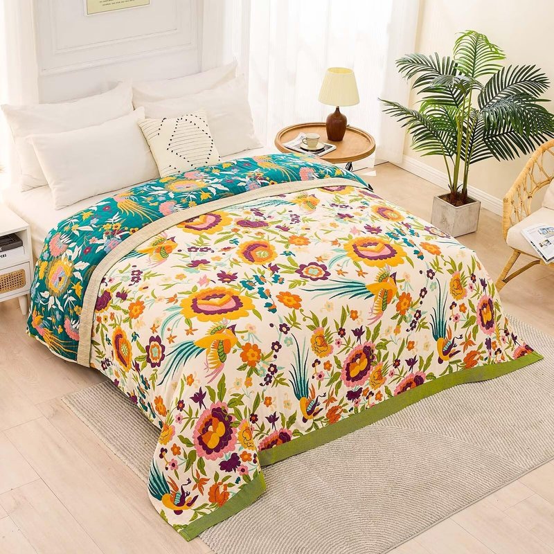XIBLC Boho Throw Blanket for Bed, 100% Cotton Soft Rustic Quilt Fall Blanket, 80" 90" Floral Printed Farmhouse Decor Bed Blankets, All Season Rustic Reversible Bohemian Throw Quilt