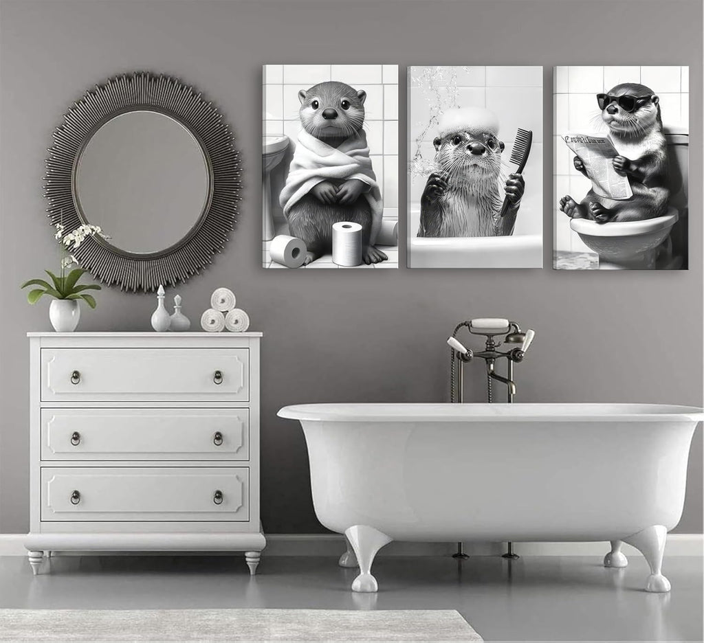 Skiennix Cute Otter Canvas Wall Art - Funny Black and White Animal Print | 3-Piece Bathroom Decor