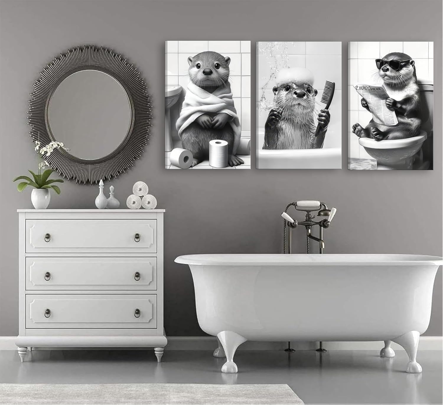 Skiennix Cute Otter Canvas Wall Art - Funny Black and White Animal Print | 3-Piece Bathroom Decor