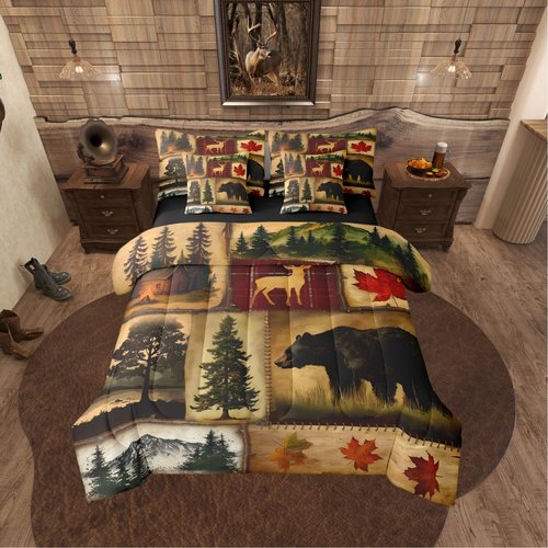 Erosebridal Rustic Farmhouse Comforter Set 7 Pcs Twin,Retro Cabin Lodge Down Comforter,Hunting Bear Deer Bed in a Bag,Country Maple Leaves Duvet Insert,Rustic Woodland Pine Tree Sheets,Red Brown