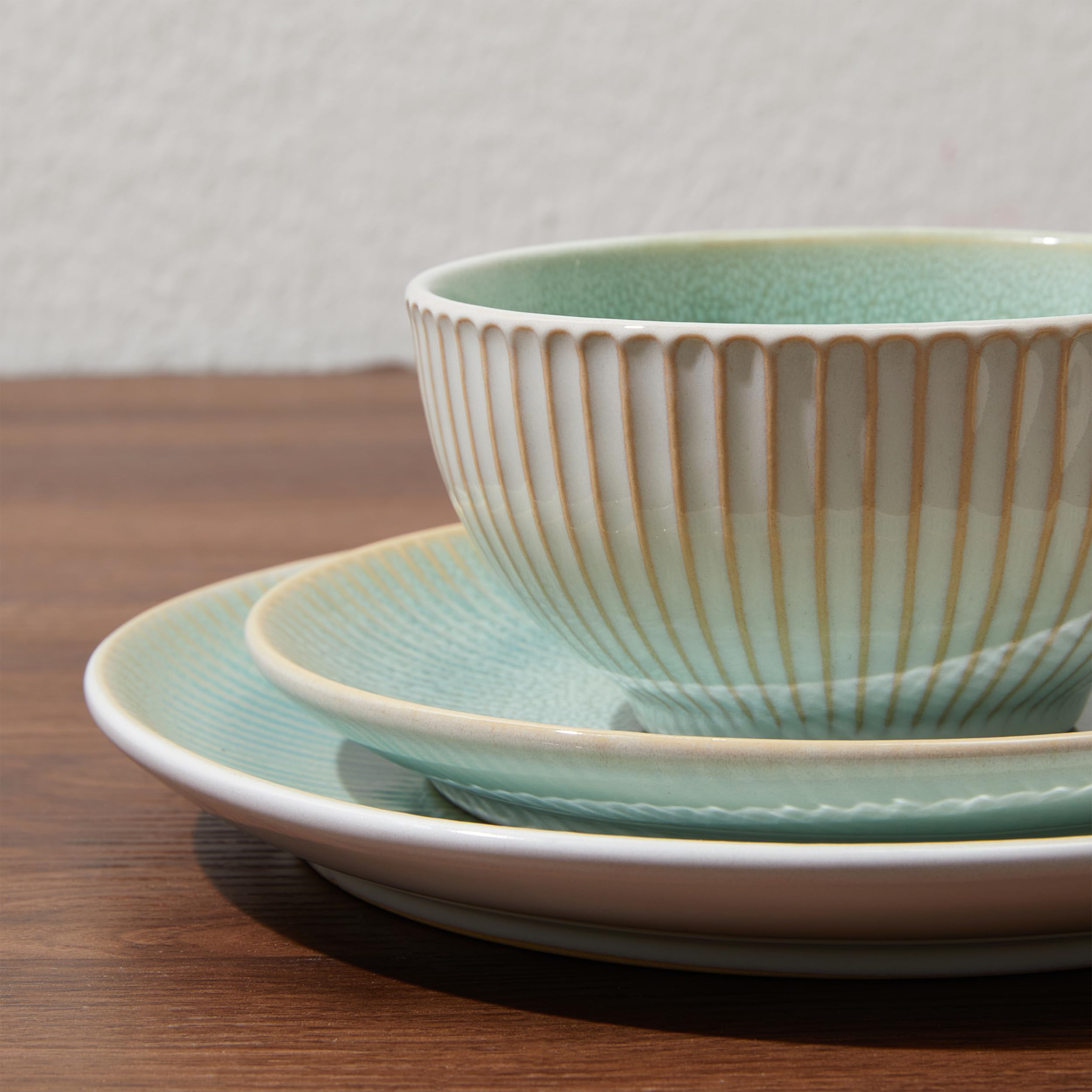 Pokini Stoneware Dinnerware Sets, Round Reactive Glaze Ceramic Plates and Bowls Set, Dishwasher & Microwave Safe Dishes Set, Distinctive Granulated Surface Service for 4 (12pc)