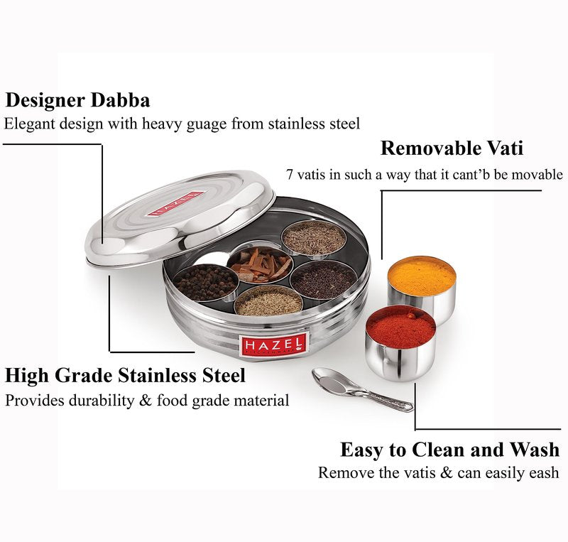 HAZEL Stainless Steel Spice Box with Spoon, Airtight 7-Compartment Masala Dabba, 7.3-Inch Round Spice Organizer for Kitchen Storage