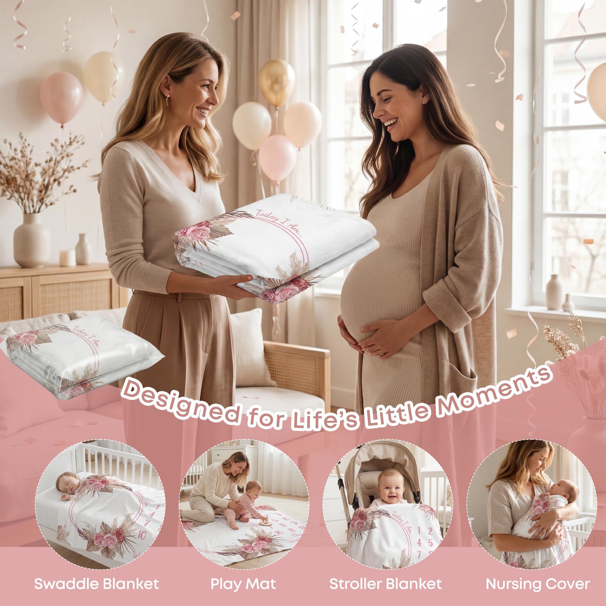 Warmther Baby Monthly Milestone Blanket, 40"x50" Flannel Monthly Milestone Photo Backdrop, Washable & Dryable, Floral Boho